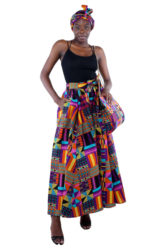Kente Long Maxi Skirt, Handbag and Headwrap Set