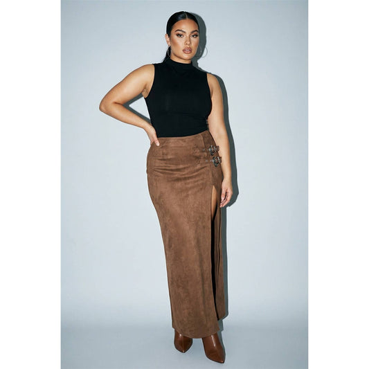 PLUS Western Faux Suede Maxi Skirt with High Slit