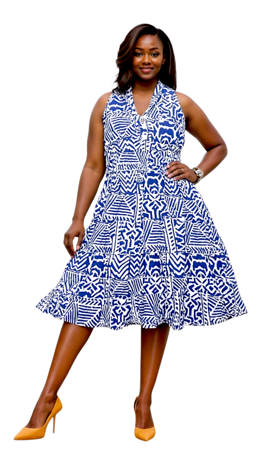 Woman's Mid-Length Smock Dress Blue/White Ankara Print with Scarf
