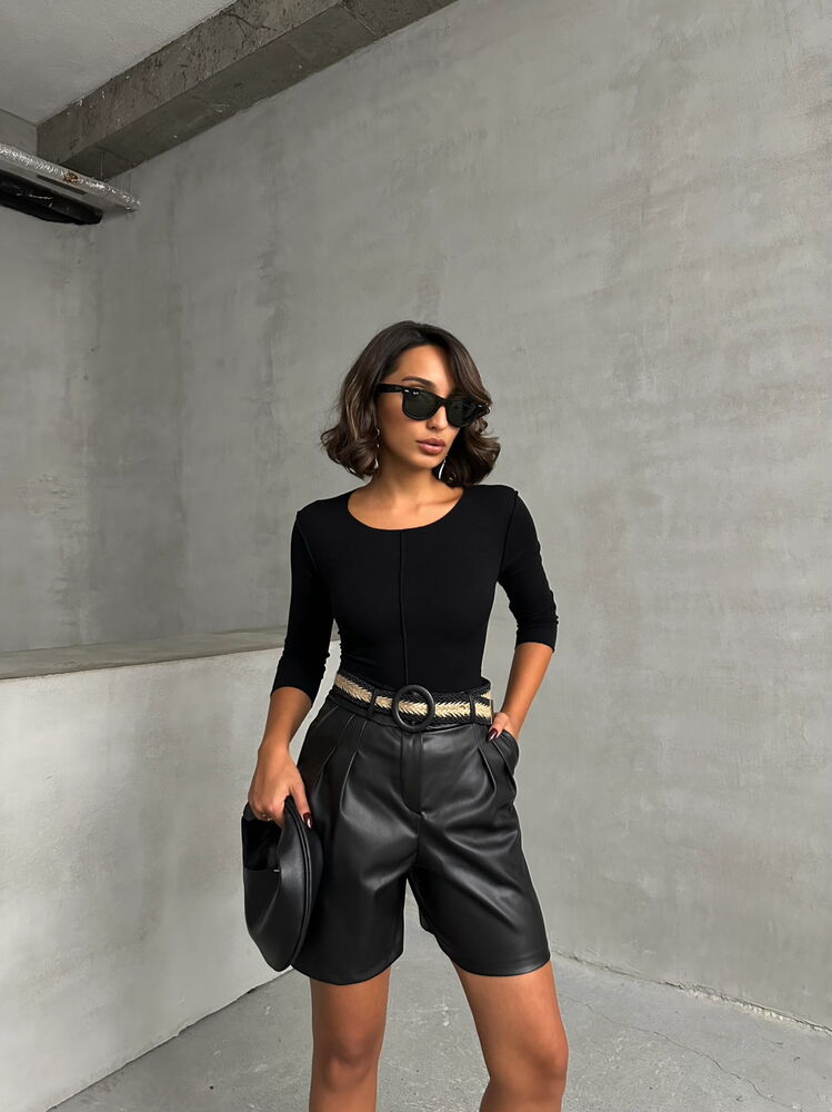 Black Belted Vegan Leather Shorts