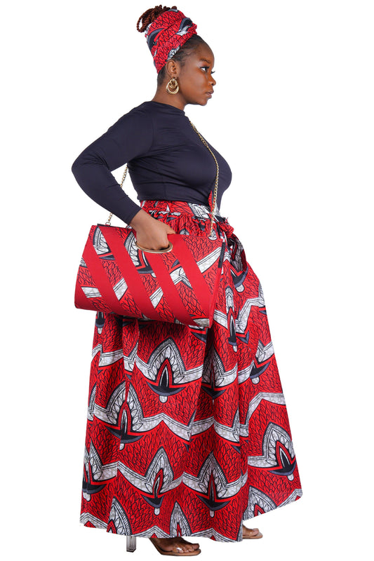 African Long Maxi Skirt, Handbag and Head Wrap Set Black Red White