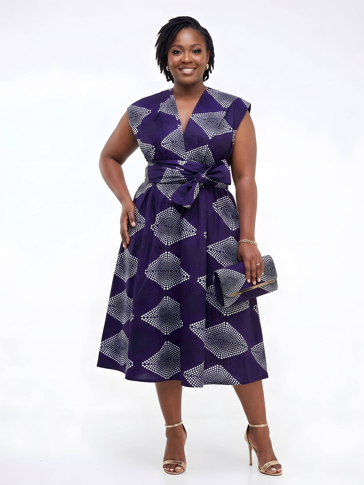 African Purple White Black Dot Print Infinity Dress with Matching Clutch Bag Set | One Size