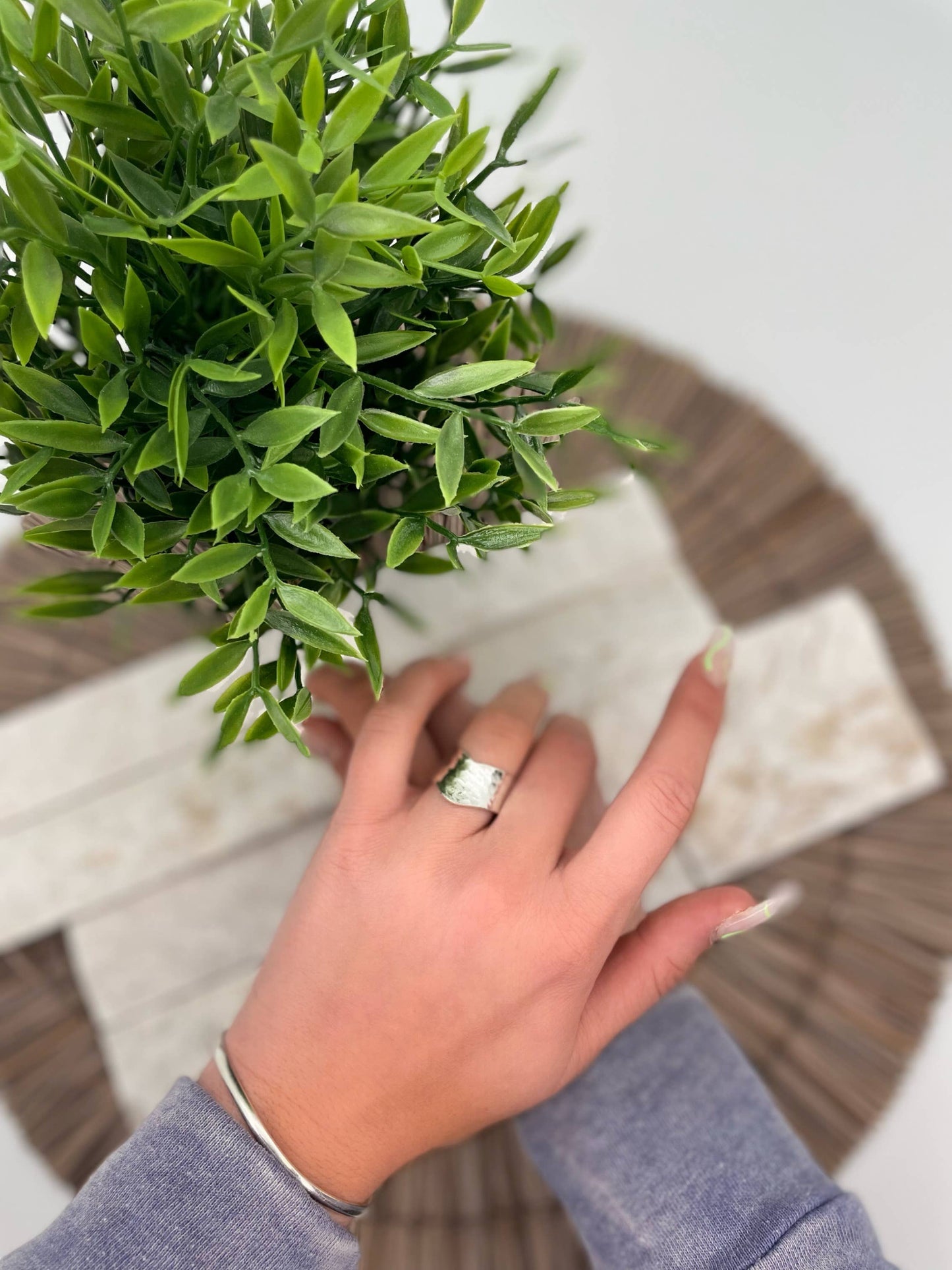Silver Plated Adjustable Ring - Wide Hammered Arc