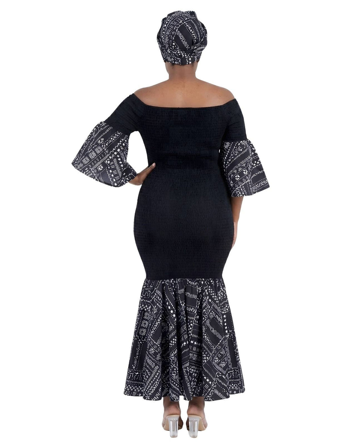 Black White Mud Cloth Trim Long Smocked Mermaid/Fish Tail Dress