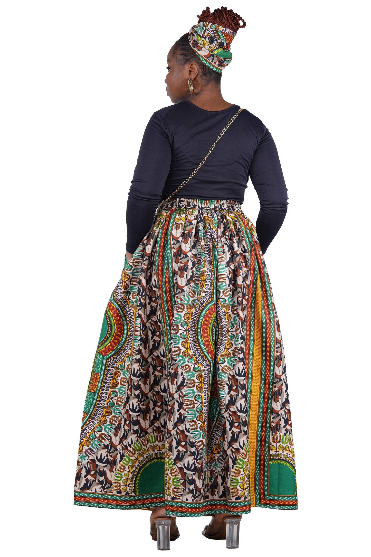 Dashiki Camouflage Long Maxi Skirt, Handbag and Headwrap Set