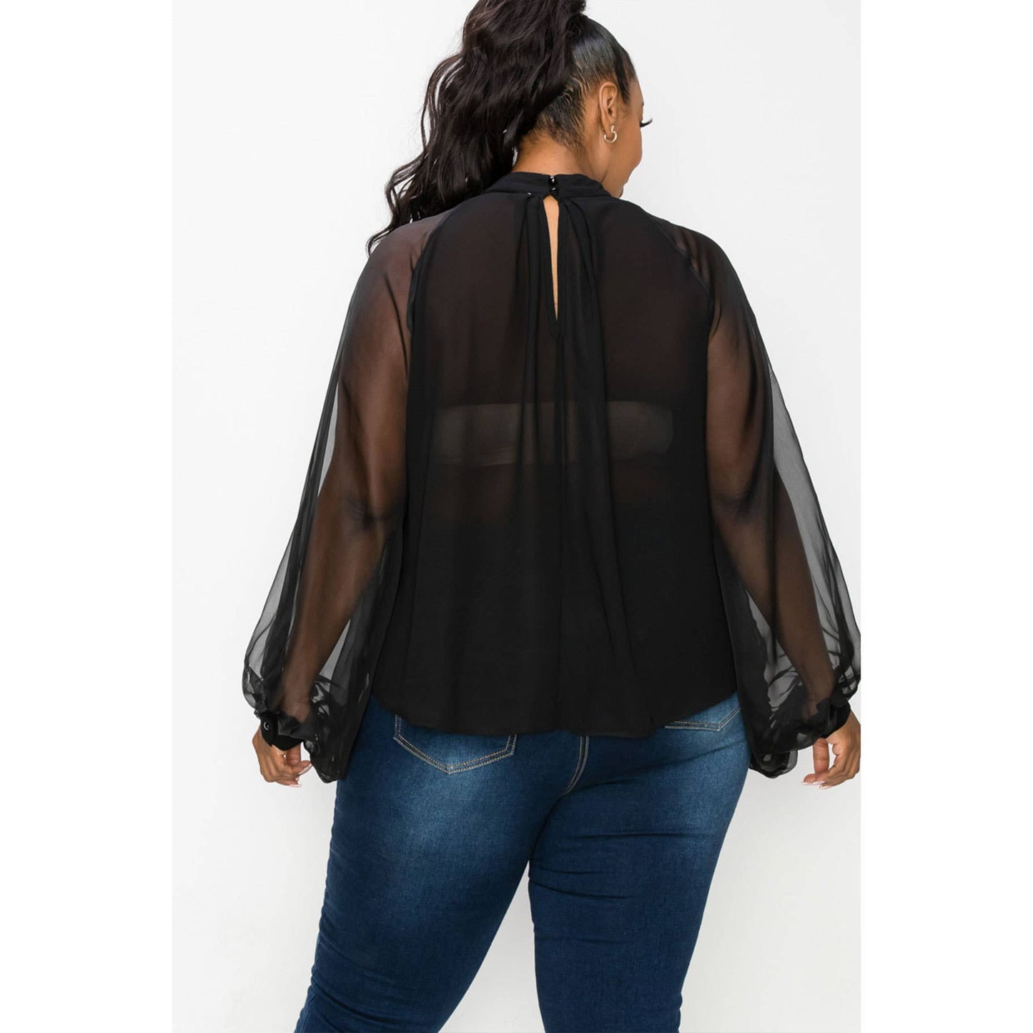 Black Blouse Sheer Sleeves Bow Detail