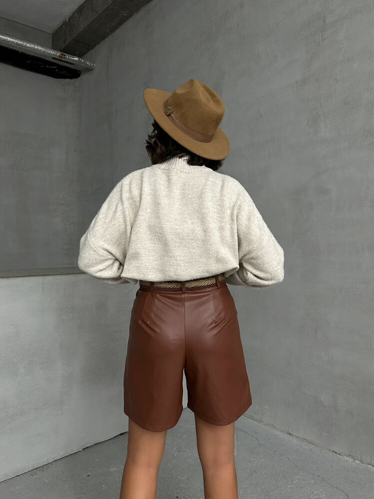 Tan Belted Vegan Leather Shorts