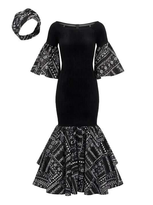 Black White Mud Cloth Trim Long Smocked Mermaid/Fish Tail Dress