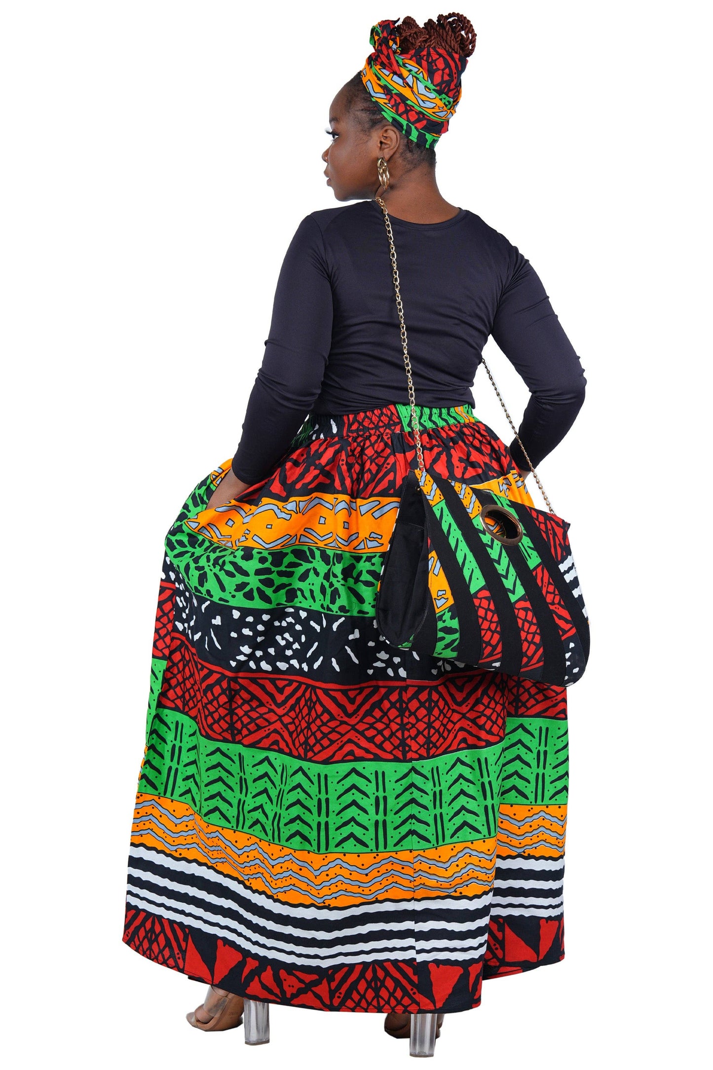 African Long Maxi Skirt, Handbag and Head Wrap Set