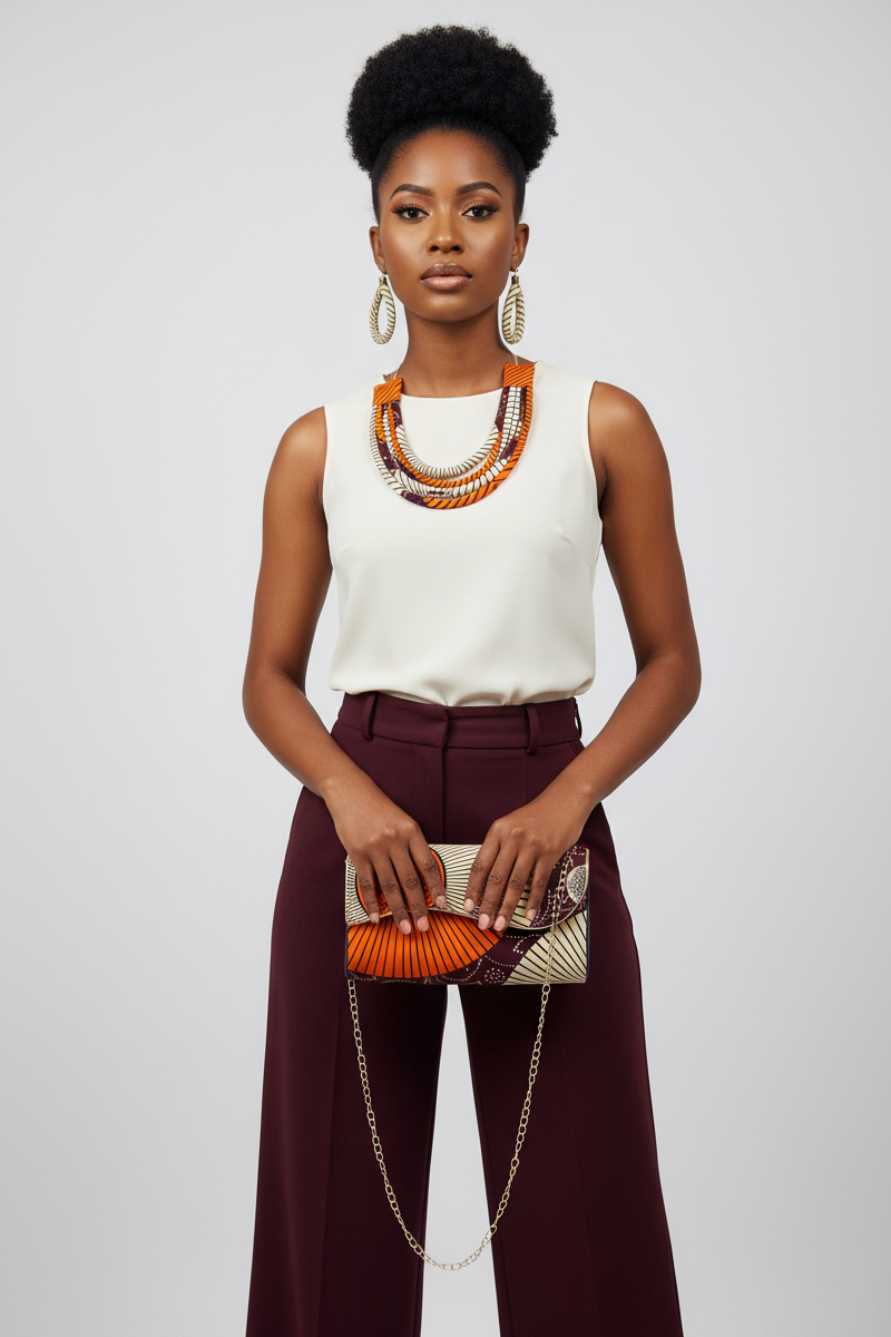 Clutch Bag & Rope Necklace Set African Ankara Pattern Burgundy Orange Cream