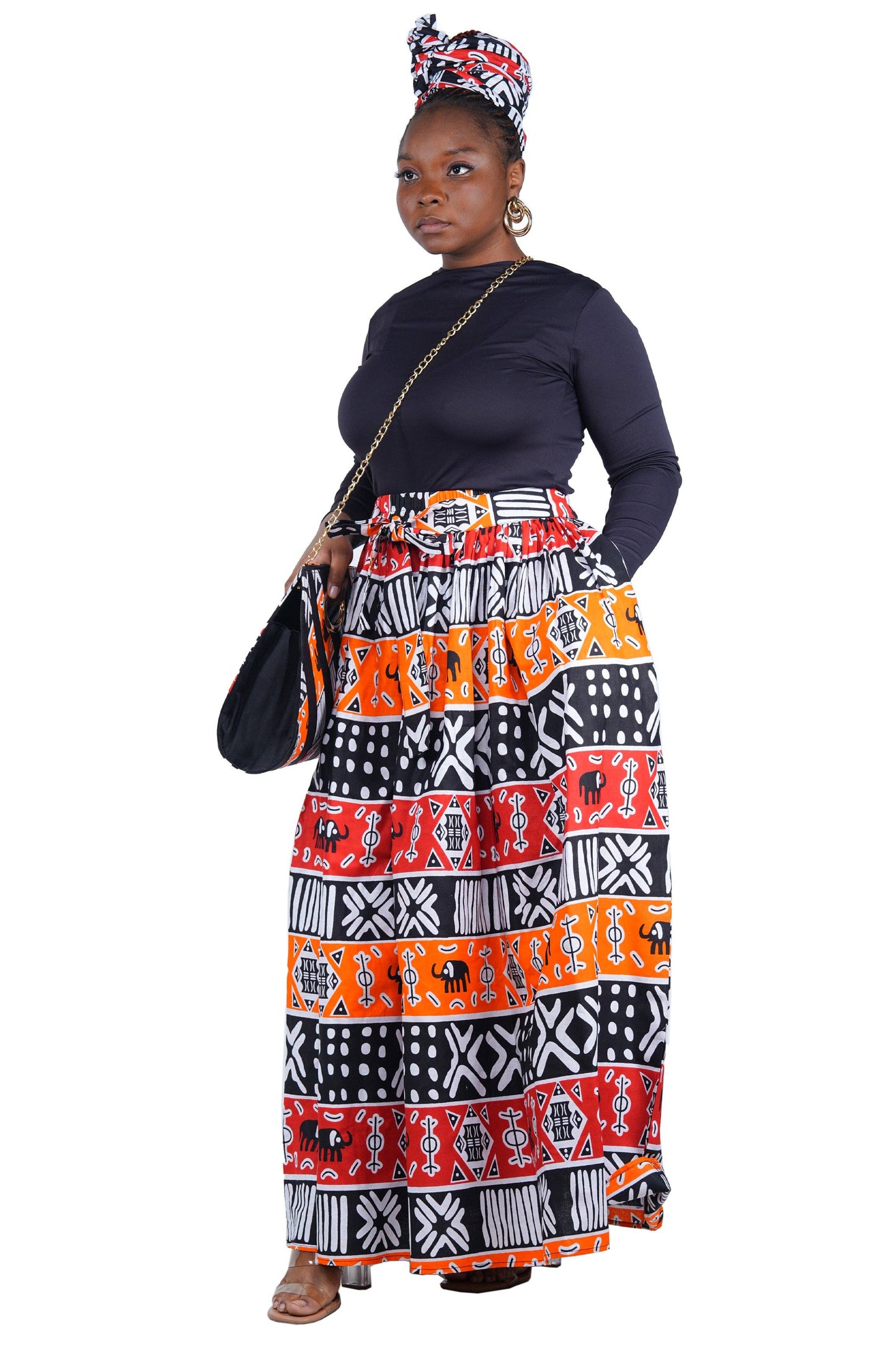 African Long Maxi Skirt, Handbag and Head Wrap Set Black Red Orange and White