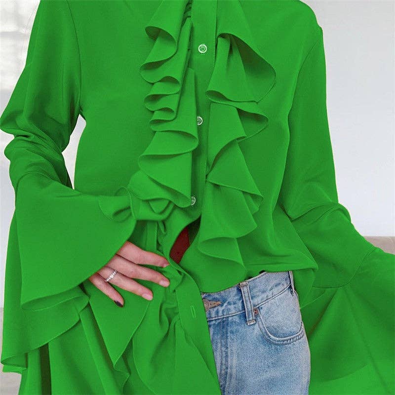 Round Neck Bell Sleeve Ruffle Blouse