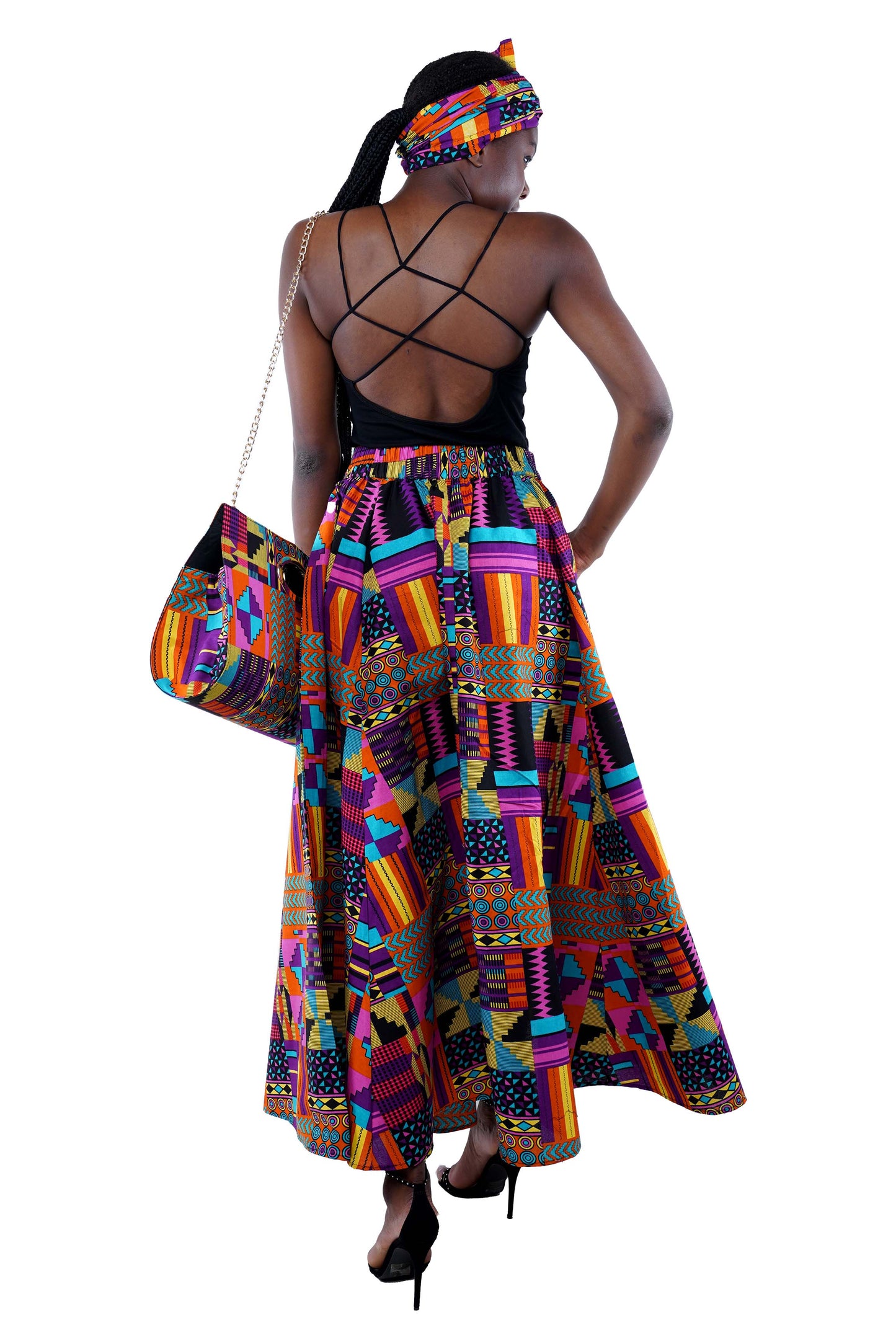 Kente Long Maxi Skirt, Handbag and Headwrap Set