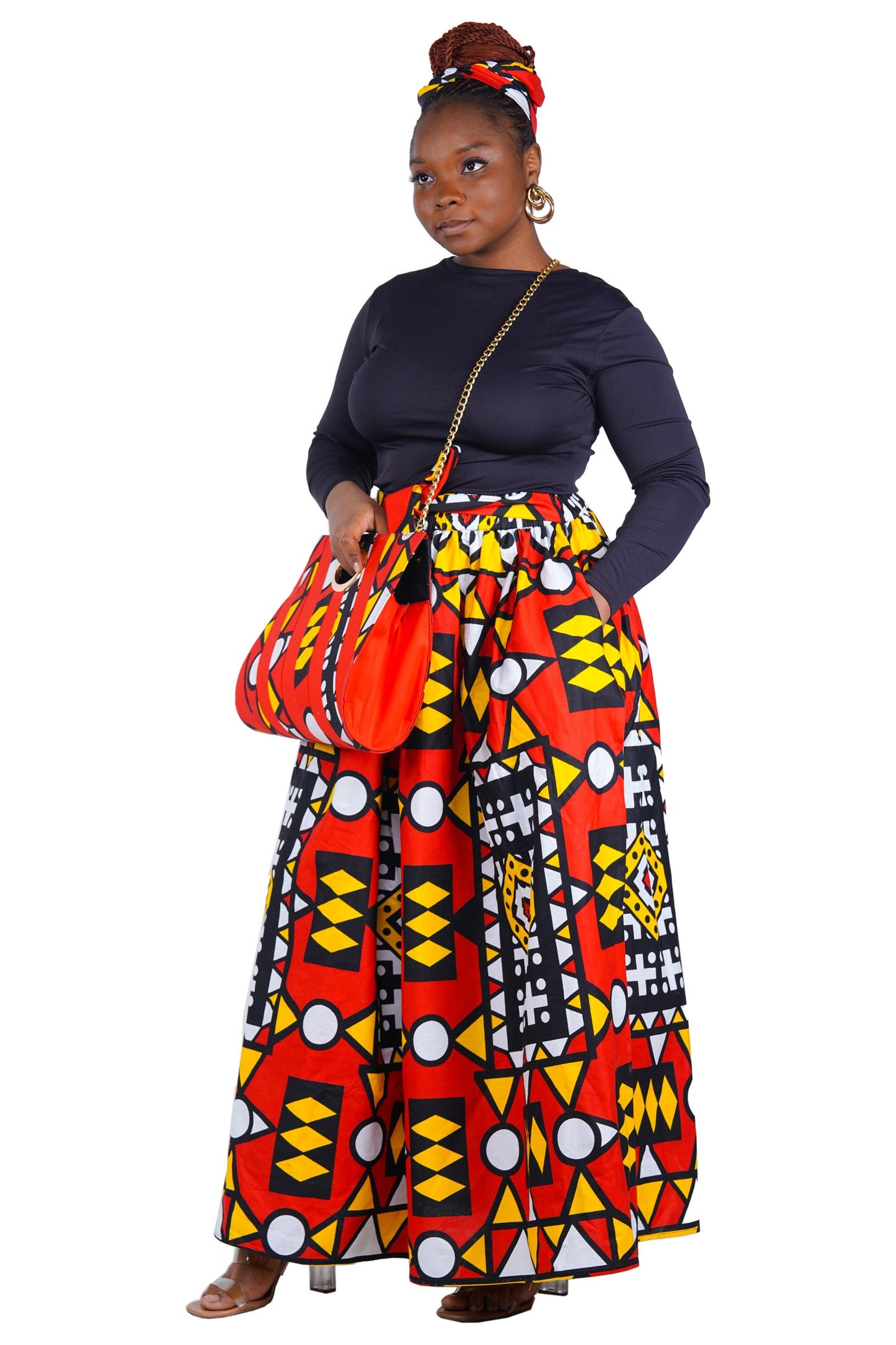 African Long Maxi Skirt With Handbag and Headwrap
