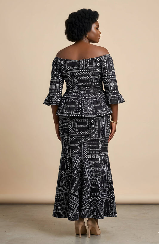 Elegant African Print Off-Shoulder Peplum Top & Mermaid Skirt Set | 3XL