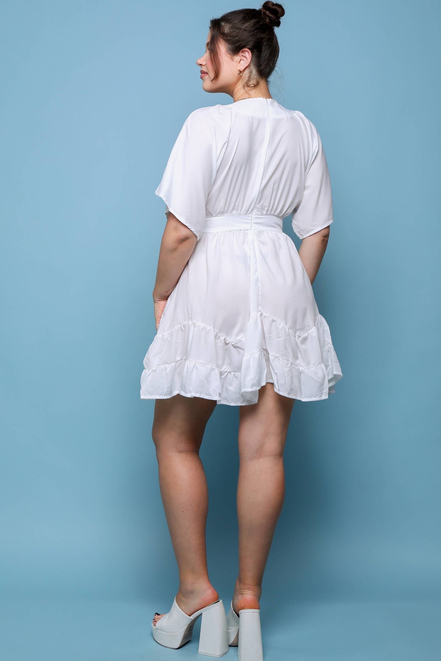 White Plunge Ruffle Hem Dress