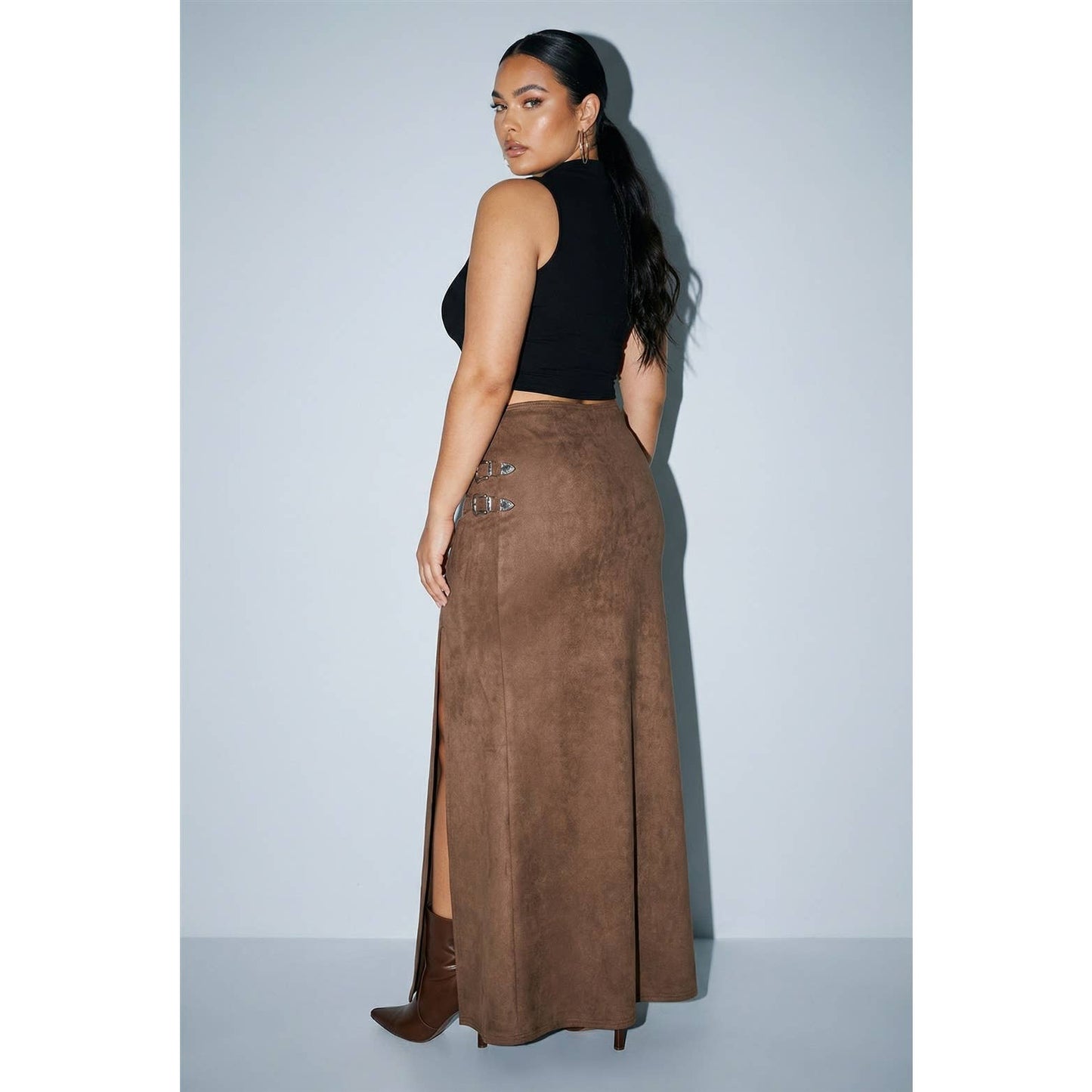 PLUS Western Faux Suede Maxi Skirt with High Slit