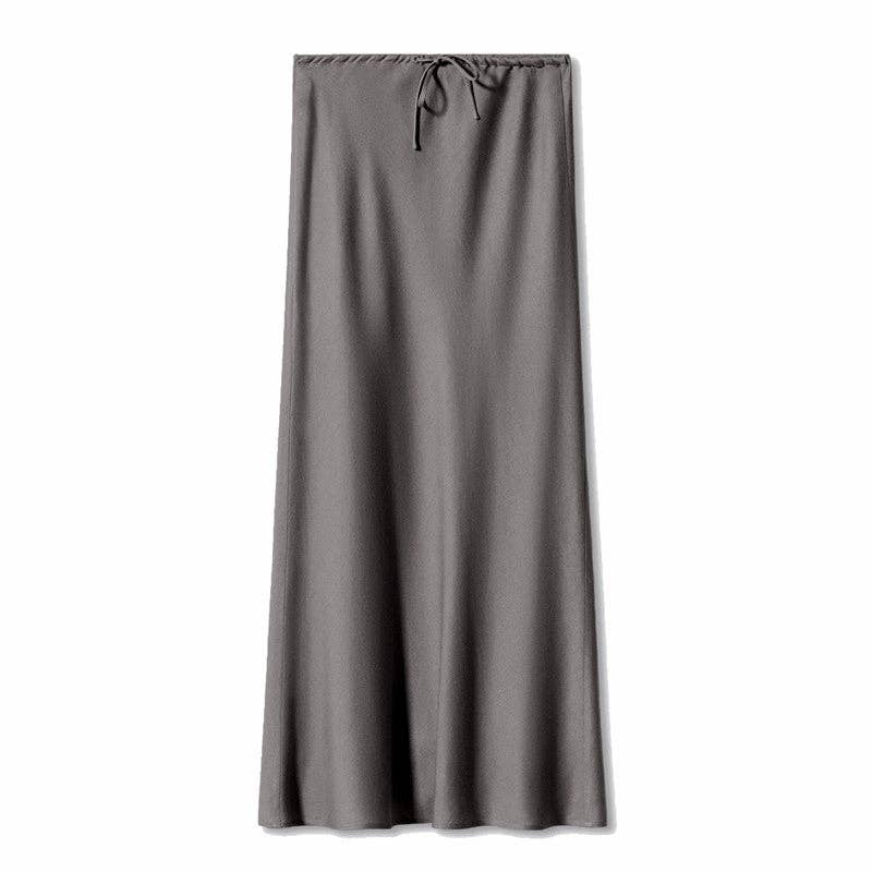 Gray High Waist Drawstring Belted Satin Maxi Skirt