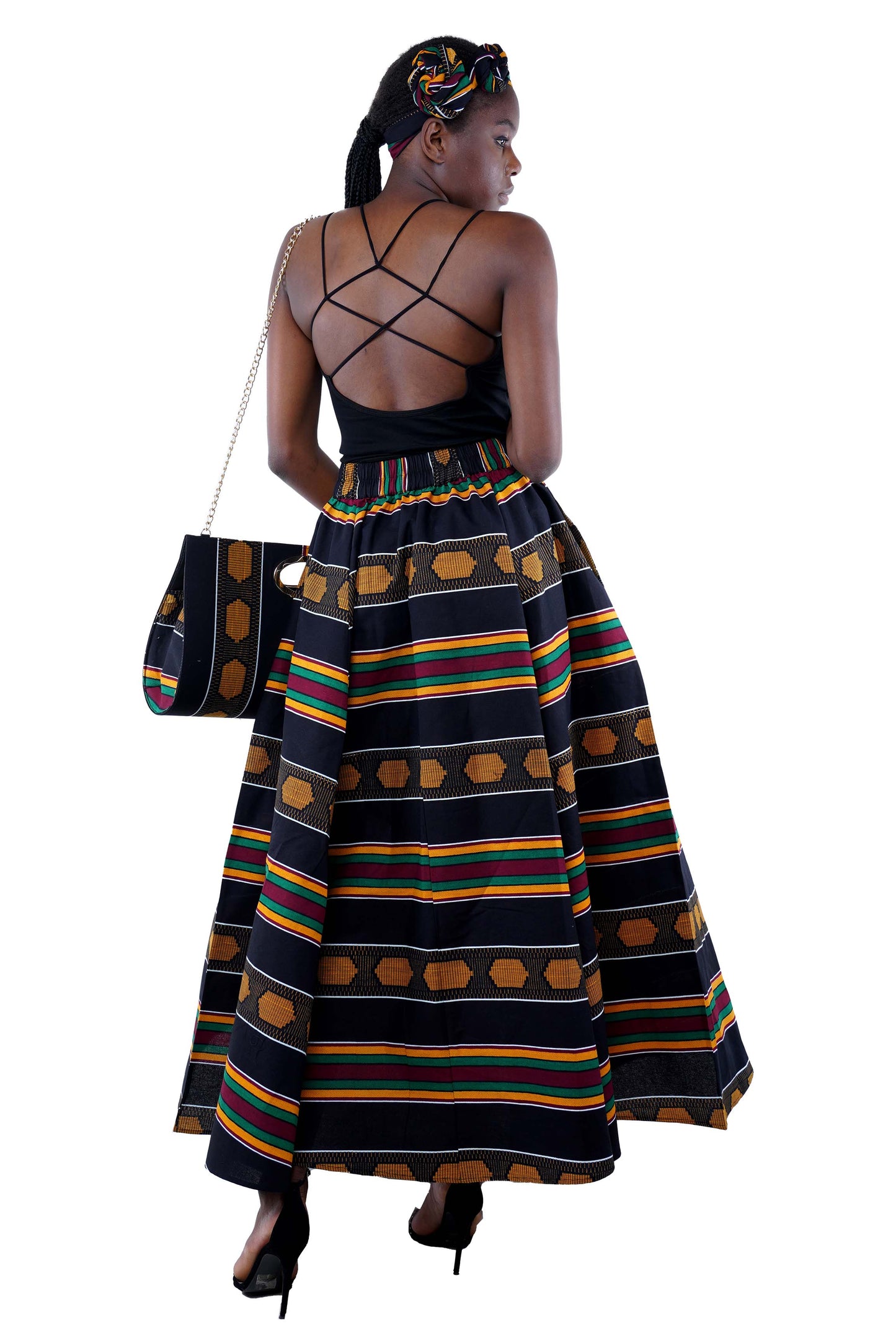 African Long Maxi Skirt, Handbag and Head Wrap Set Black Red Green Yellow