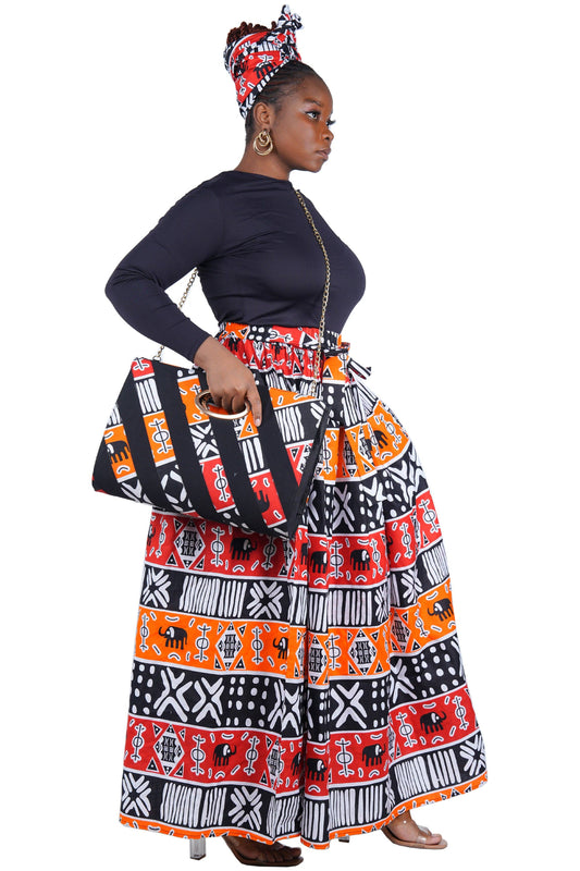 African Long Maxi Skirt, Handbag and Head Wrap Set Black Red Orange and White