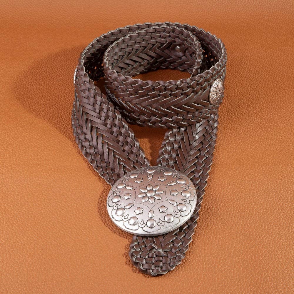 Brown Braided Vegan Leather Floral Concho Belt