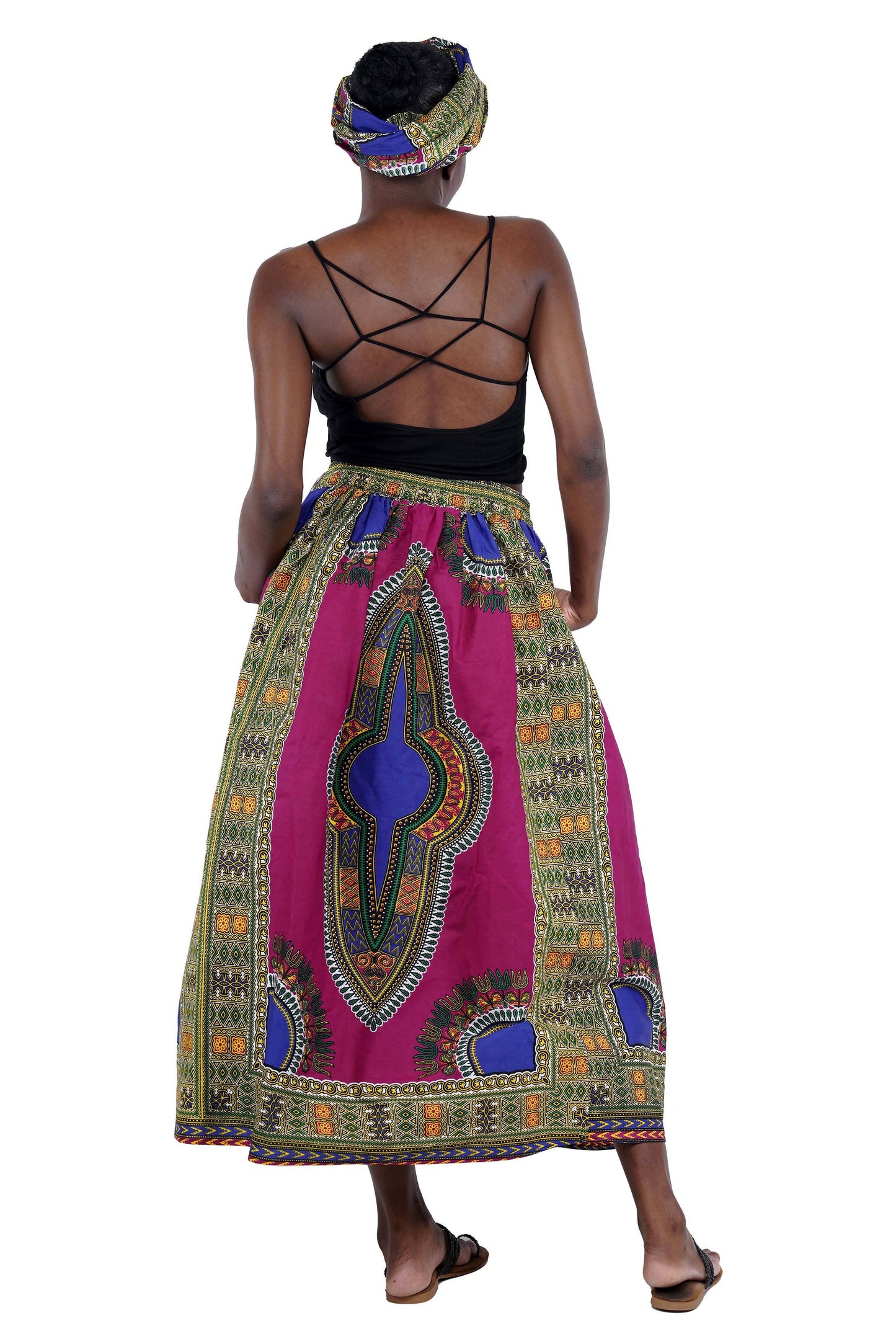 Purple Dashiki Long Maxi Skirt, Handbag and Headwrap Set