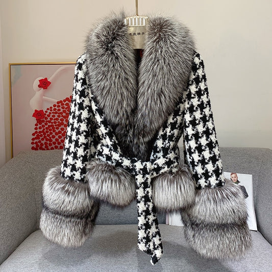 Houndstooth  Silver Fox Fur Collar Coat (Multiple Colors)