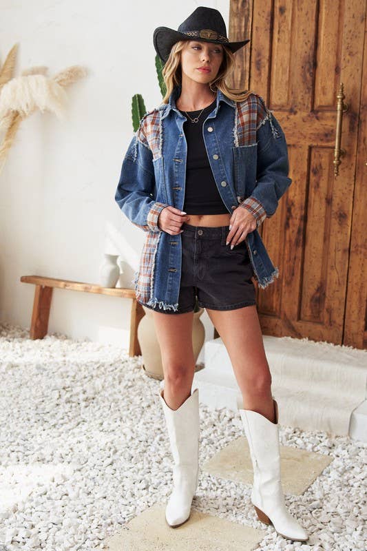 Denim and Plaid Color Block Jacket