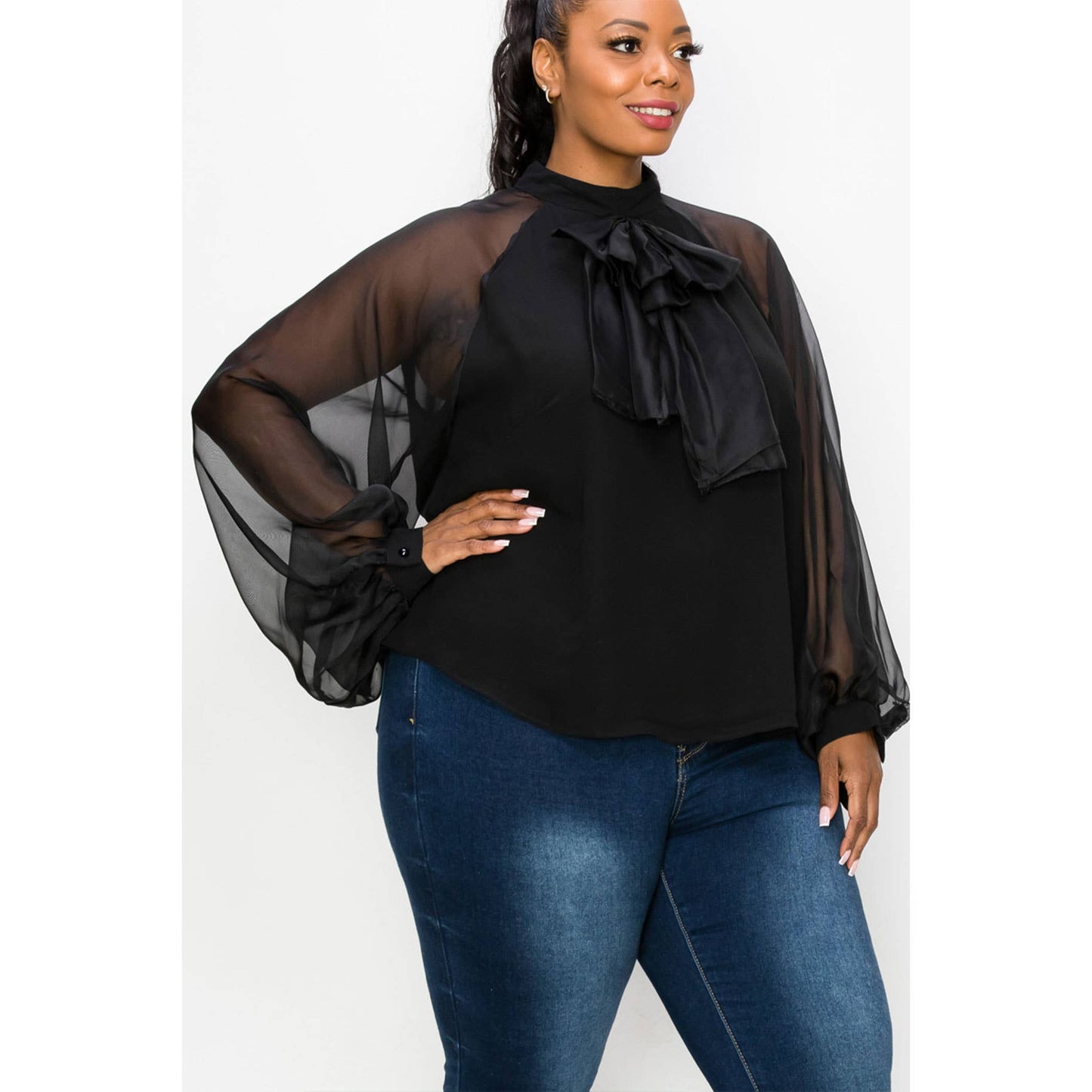 Black Blouse Sheer Sleeves Bow Detail