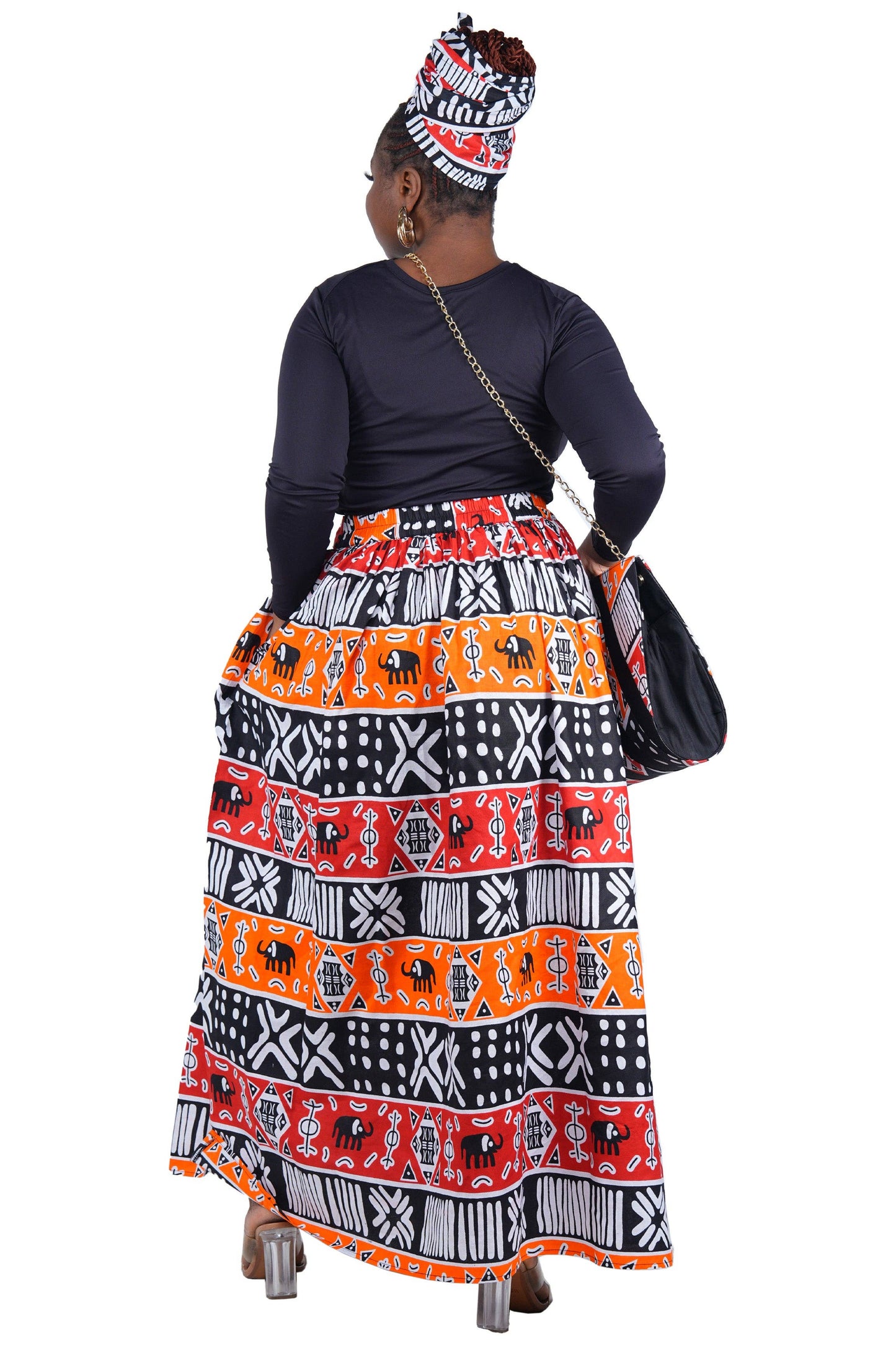 African Long Maxi Skirt, Handbag and Head Wrap Set Black Red Orange and White