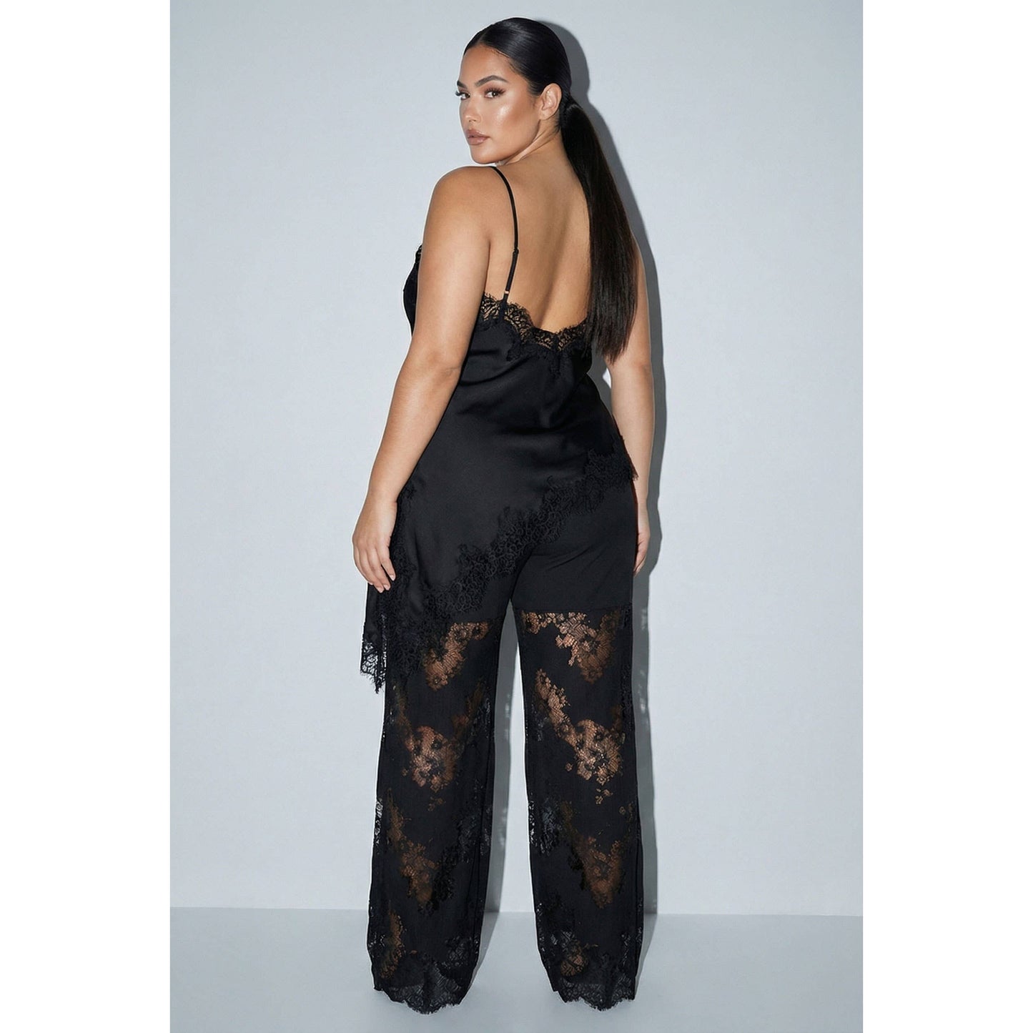 PLUS Satin Lace Trim Cami and Pants Set