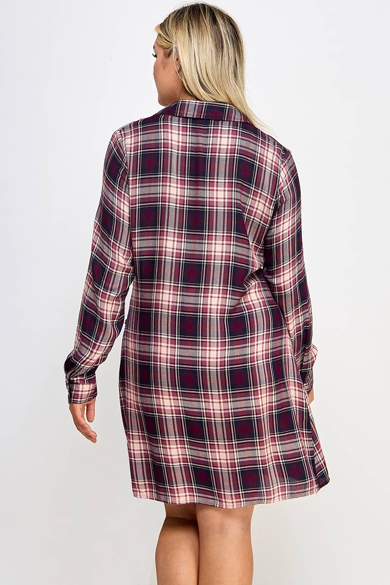Plus Long Sleeve Plaid Side Tie Dress