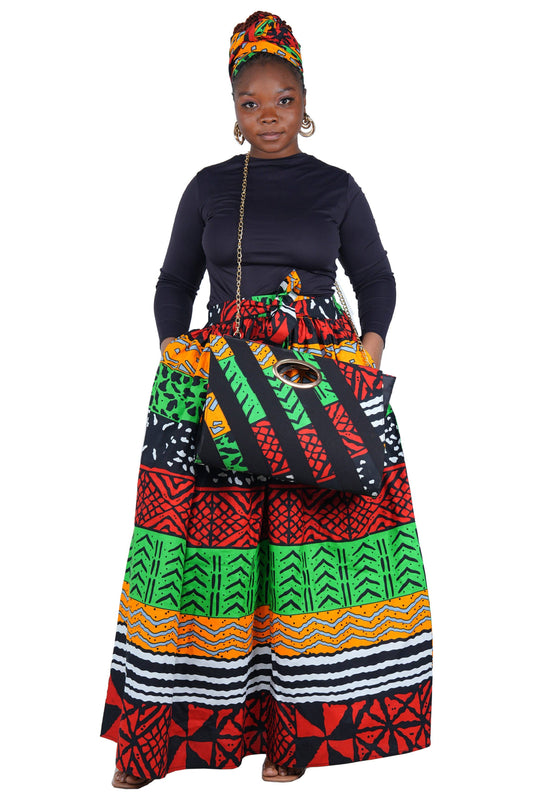 African Long Maxi Skirt, Handbag and Head Wrap Set