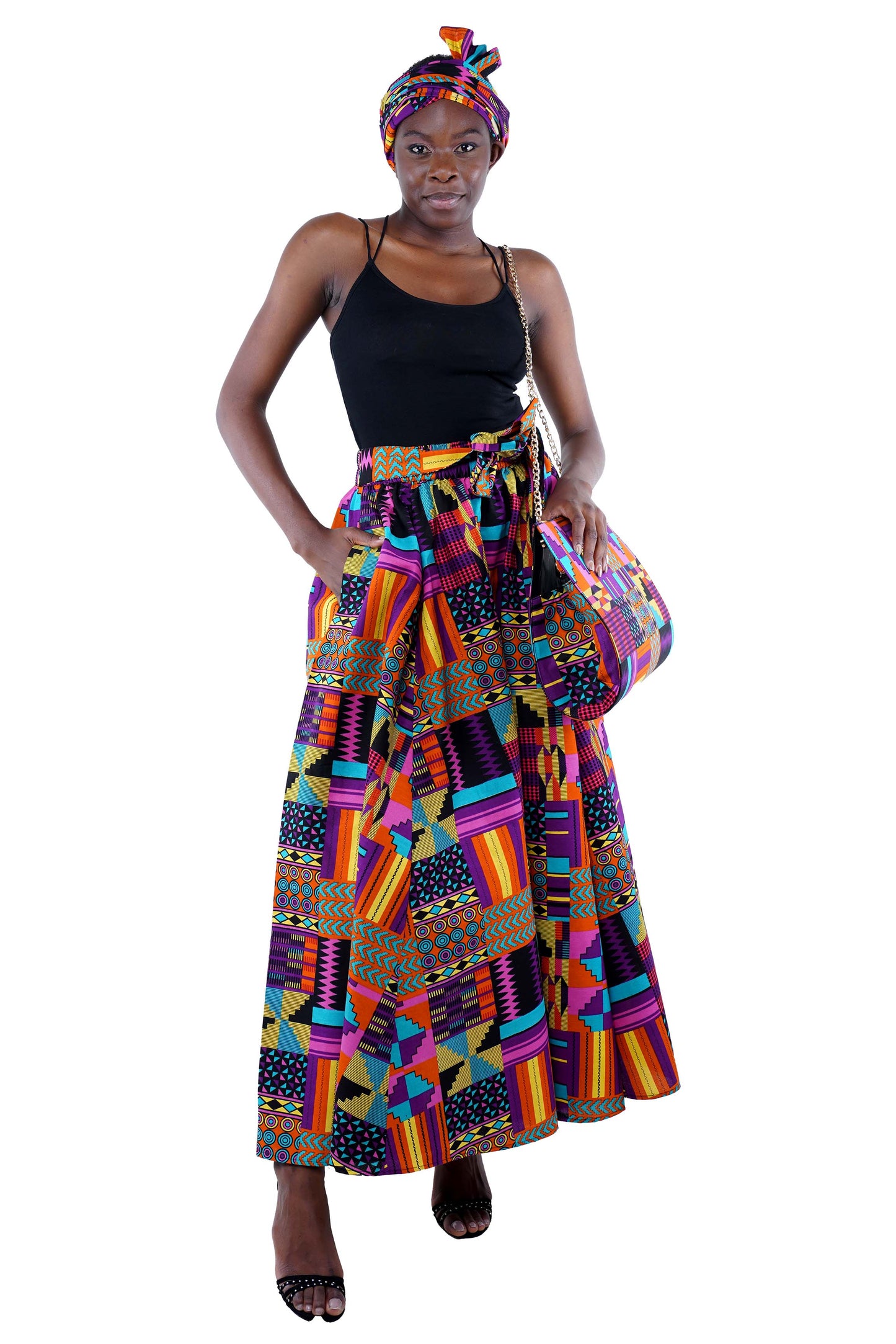 Kente Long Maxi Skirt, Handbag and Headwrap Set