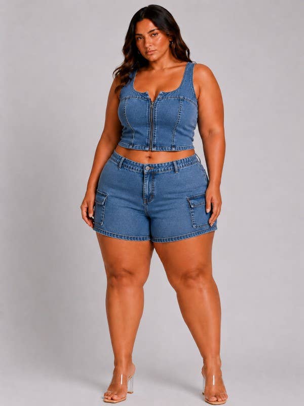 Plus size sexy set denim short and crop top