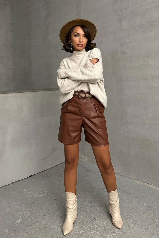 Tan Belted Vegan Leather Shorts