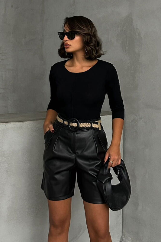 Black Belted Vegan Leather Shorts