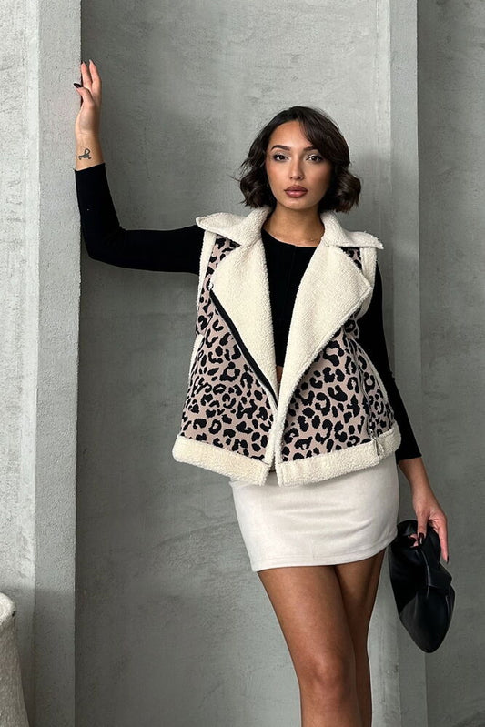 Stone Black Leopard Pattern Plush Vest