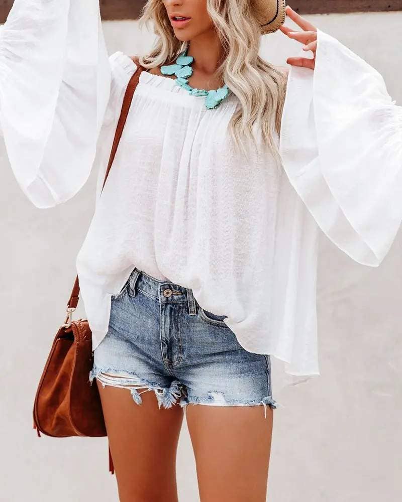 White Off Shoulder Bell Sleeve Top