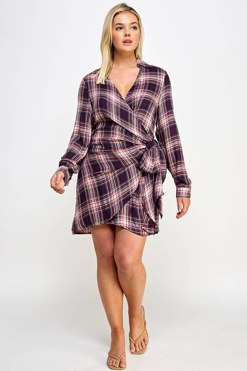 Plus Long Sleeve Plaid Side Tie Dress