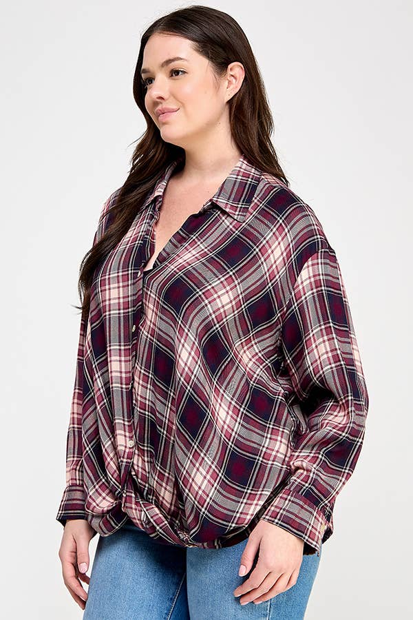 Plus Plaid Draped Button Down Top