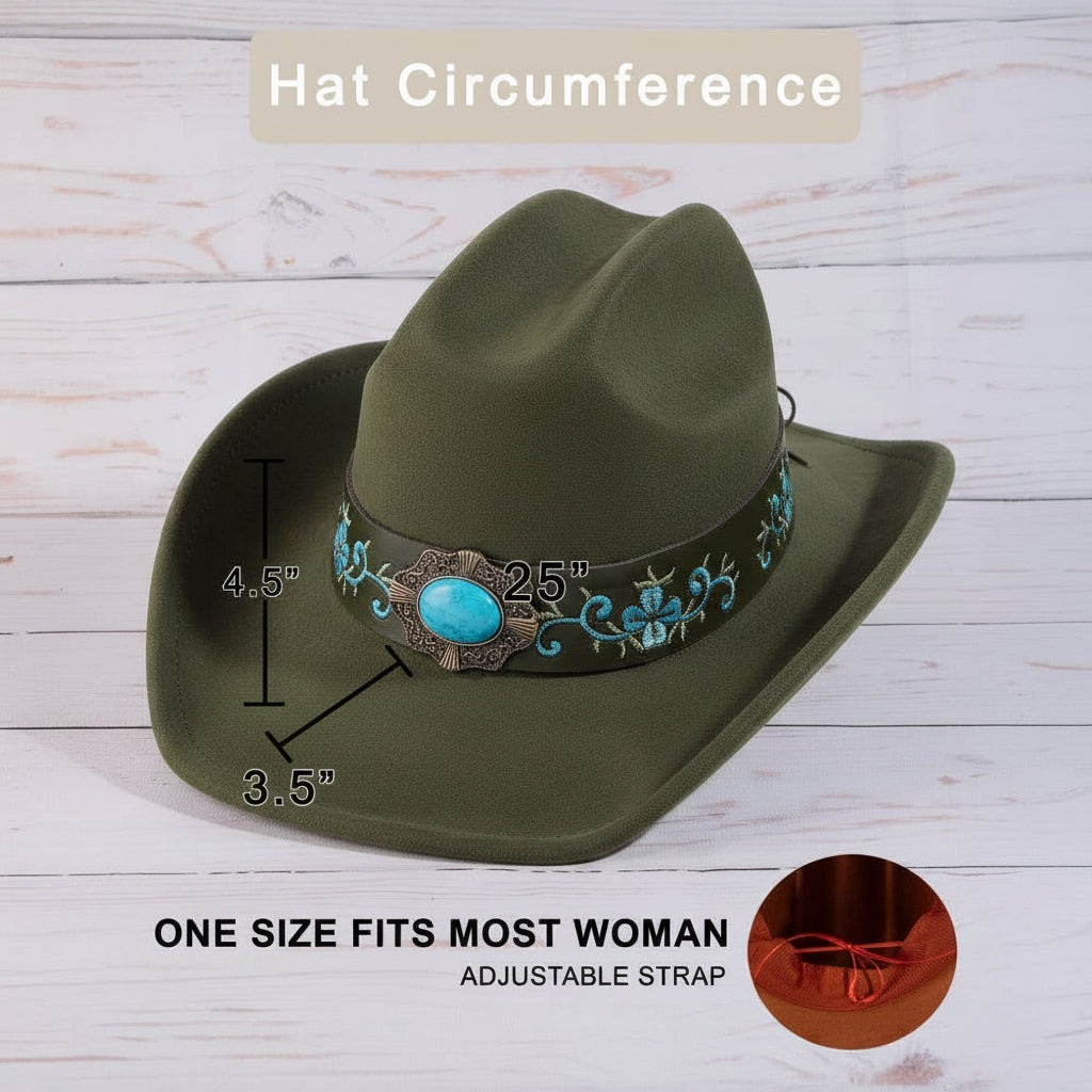 Olive cowboy hat with turquoise embellishments on a light wooden background