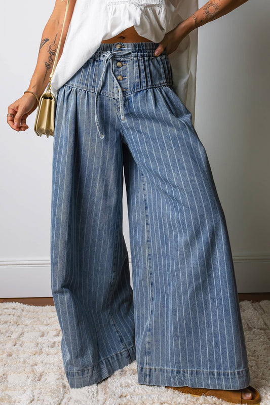 Striped Drawstring Waist Casual Wide Leg Jeans