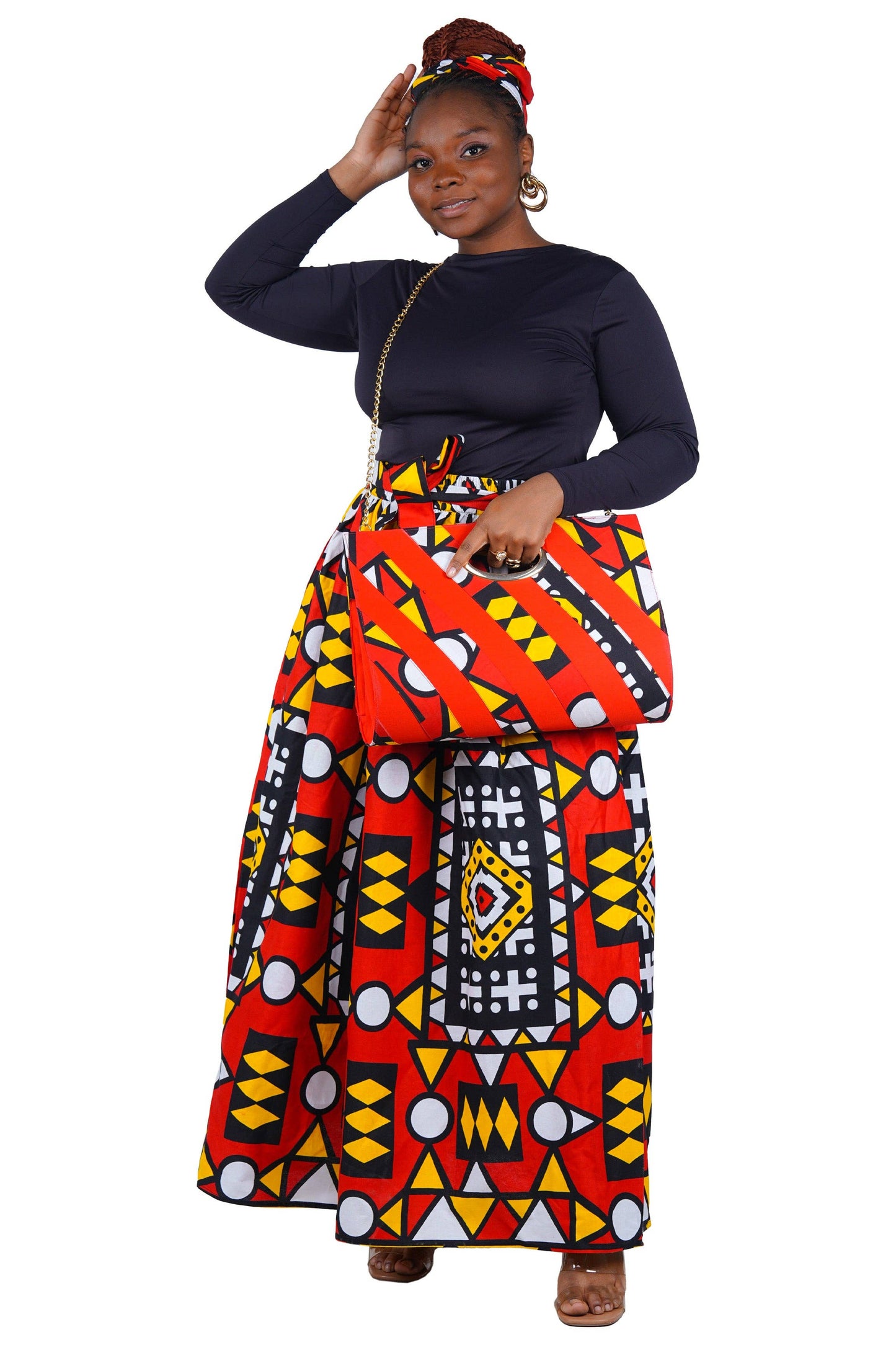 African Long Maxi Skirt With Handbag and Headwrap