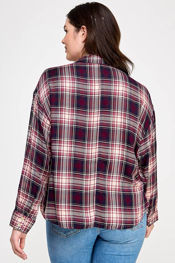Plus Plaid Draped Button Down Top