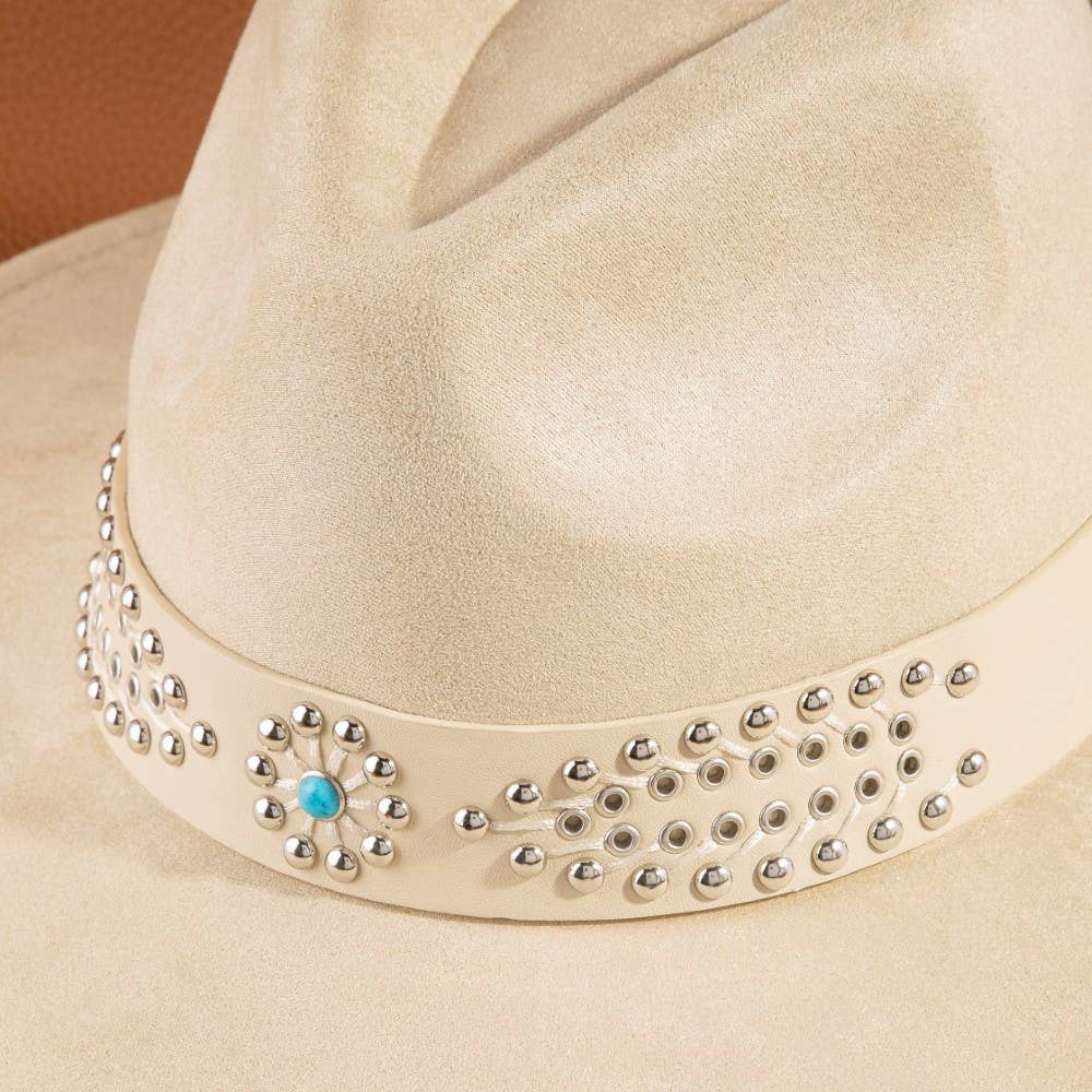 Ivory Western Studded Strap Faux Suede Fedora Hat