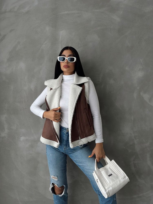 Tan Cream Faux Suede Fur Collar Vest