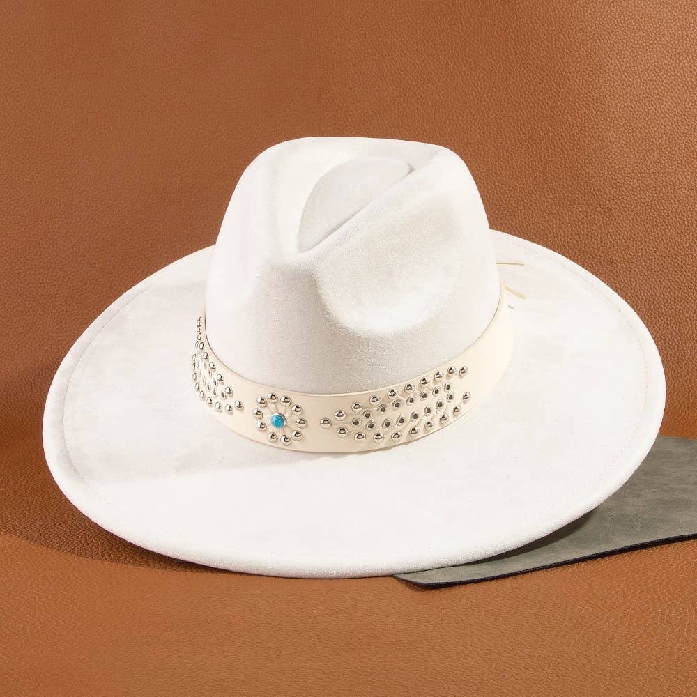 Ivory Western Studded Strap Faux Suede Fedora Hat