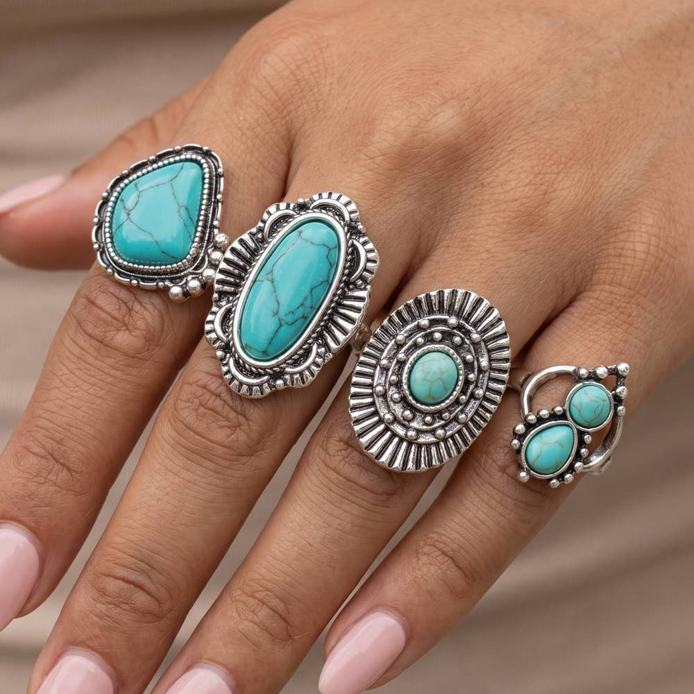 Turquoise Stone Statement Ring Set