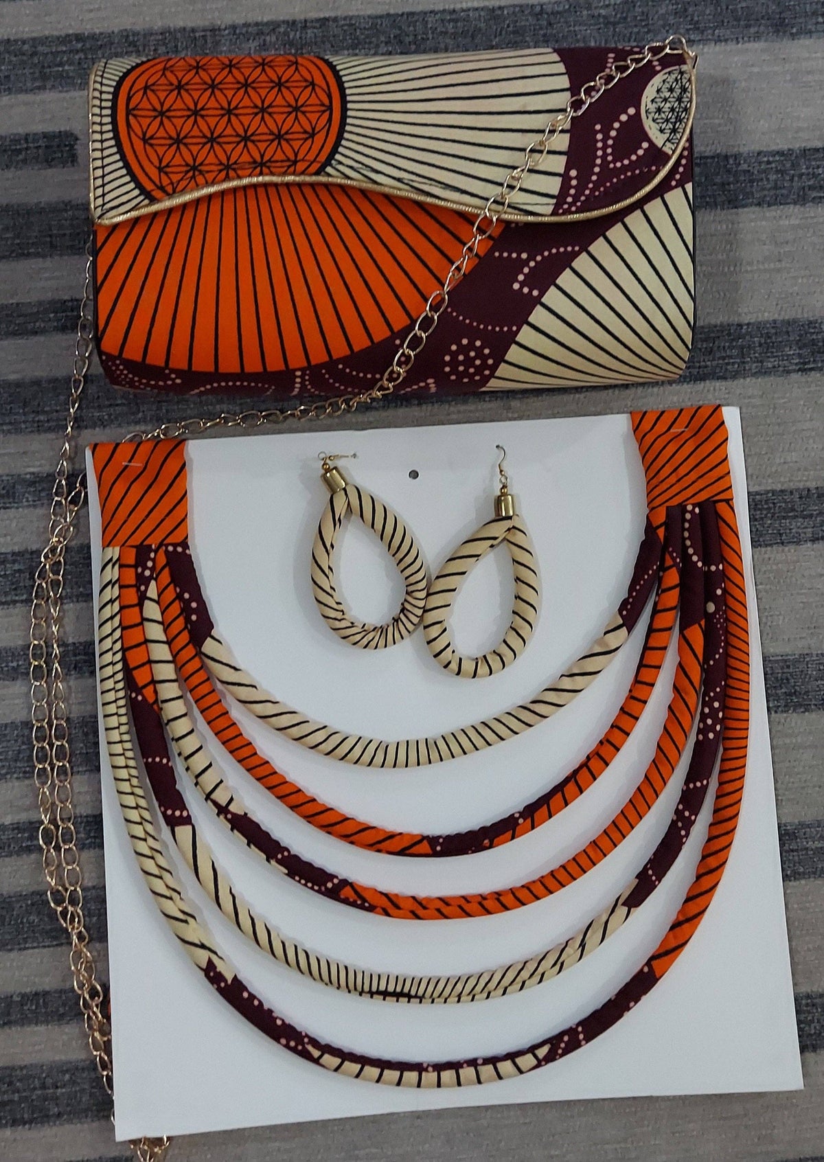 Clutch Bag & Rope Necklace Set African Ankara Pattern Burgundy Orange Cream